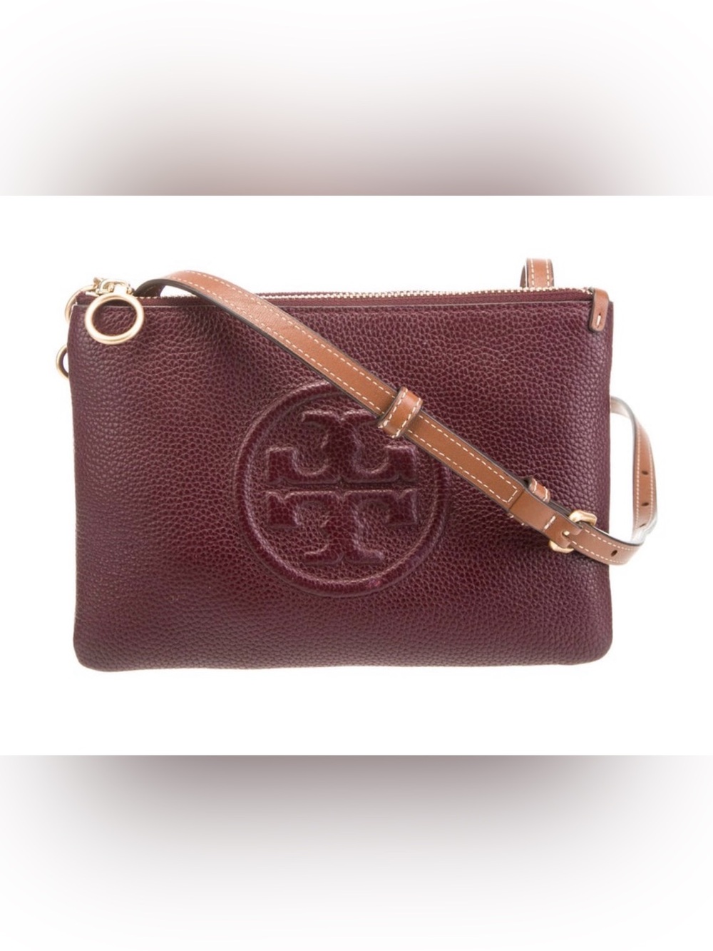 Tory Burch Pebbled Leather Crossbody Pochette in Burgundy with Tan Strap